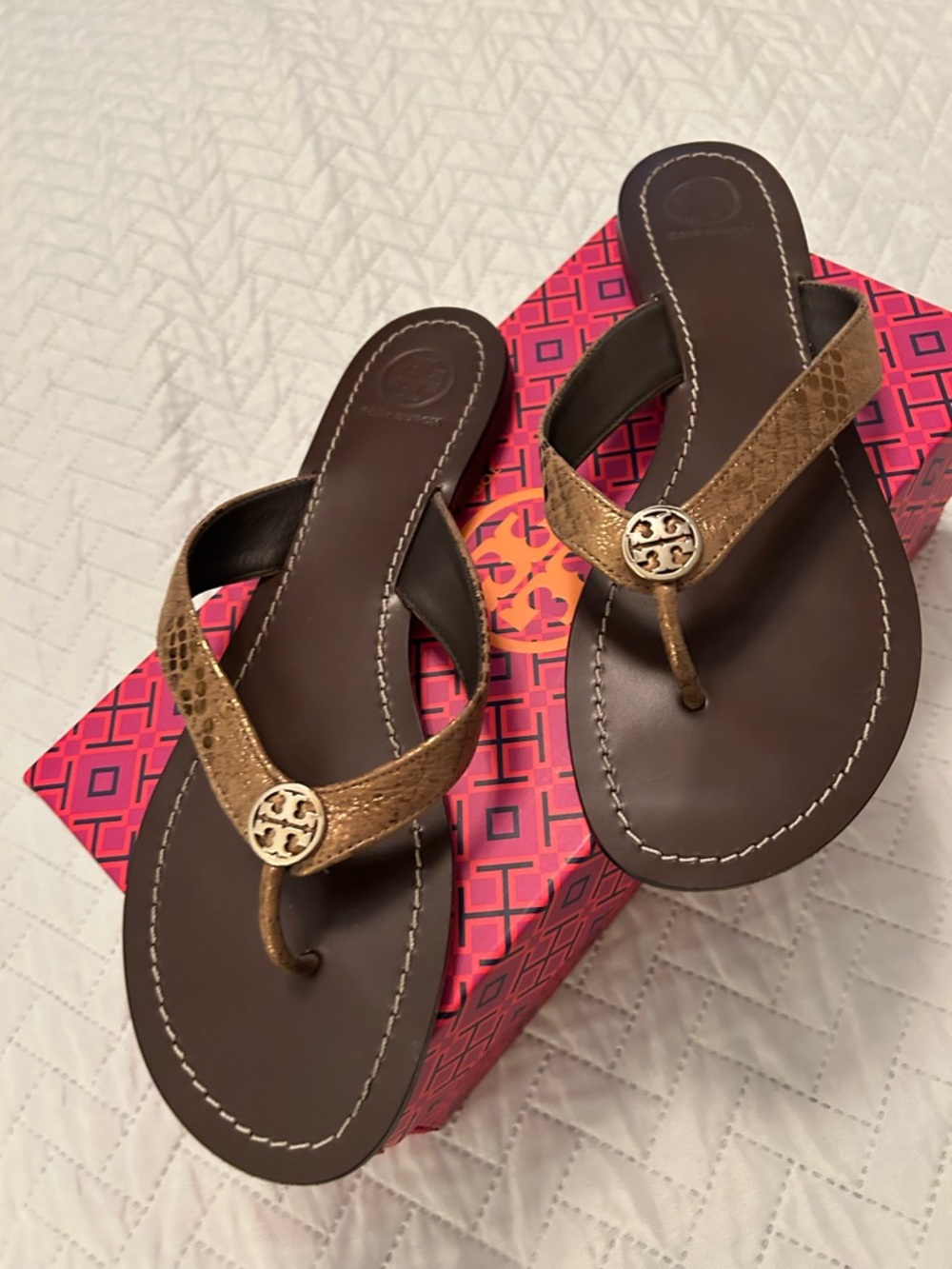 Tory Burch Brown Leather Sandal with Gold Logo Medallion